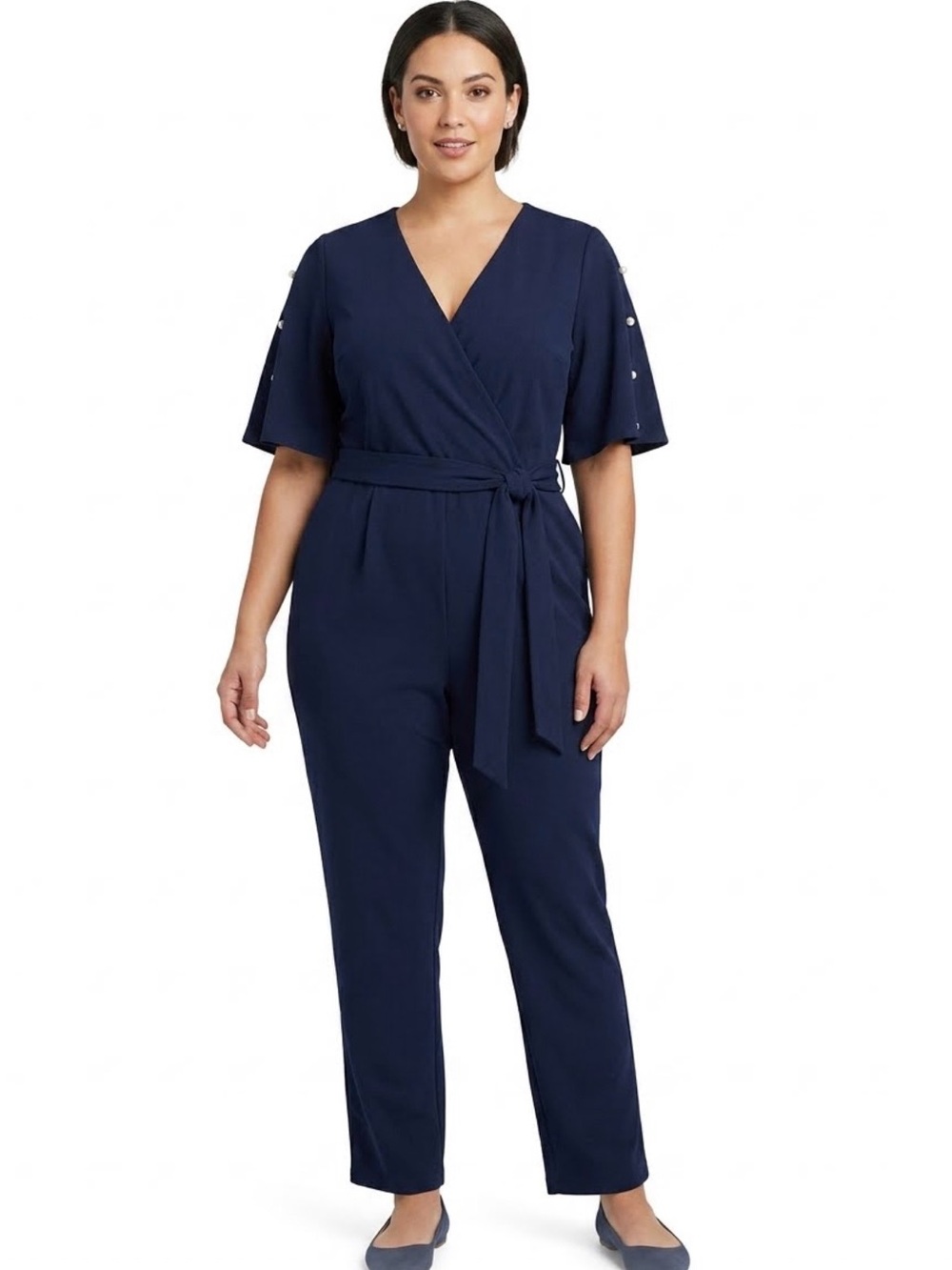 Navy Blue Faux Wrap Jumpsuit Flutter Sleeve Belted with pearl accents 1720